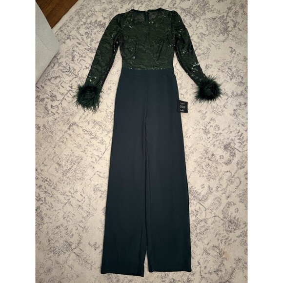 Lulus Limitless Radiance Green Sequin Feather Long Sleeve Jumpsuit Size XS Glam - Picture 3 of 9